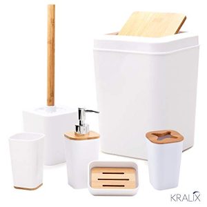 Kralix Bathroom Set 6 Pieces Plastic Bathroom Accessories Toothbrush Holder, Rinse Cup, Soap Dish, Hand Sanitizer Bottle, Waste Bin, Toilet Brush with Holder