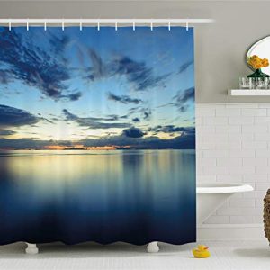 Ambesonne Blue Shower Curtain, Photo of Dramatic Dusk Sunset Scenery Over Calm Peaceful Tropic Azure Water Lagoon Ocean, Cloth Fabric Bathroom Decor Set with Hooks, 70″ Long, Blue Orange