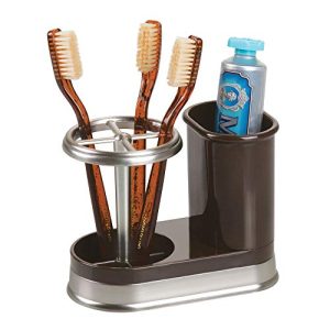 mDesign Decorative Bathroom Dental Storage Organizer Holder Stand for Electric Spin Toothbrush/Toothpaste – Compact Design for Countertop and Vanity, Holds 4 Standard Brushes – Dark Brown/Brushed