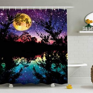 Ambesonne Purple Shower Curtain, Lake Moonlight Stars in Night Sky with Trees Contemporary Modern Design, Cloth Fabric Bathroom Decor Set with Hooks, 70″ Long, Dark Colors