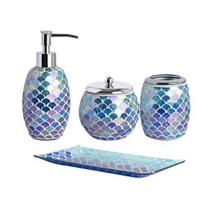 Whole Housewares 4-Pieces Bathroom Accessory Set Bright-Colored Mosaic Glass Bath Ensemble-Lotion Dispenser/Toothbrush Holder/Cotton Jar/vanity tray (Blue)