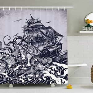 Ambesonne Nautical Shower Curtain, Kraken Octopus Tentacles with Ship Sail Old Boat in Ocean Waves, Cloth Fabric Bathroom Decor Set with Hooks, 70″ Long, Blue